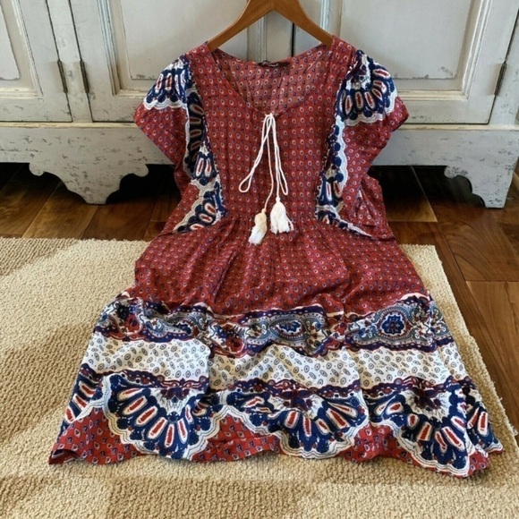Red Boho Tassel Knee Length Summer Dress - Picture 1 of 6
